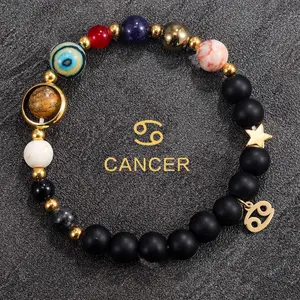 Cancer 12 Constellations & Eight Planets Universe Natural Stone Bracelet for June 21 - Jul 22 Nurturing & Emotion Unisex Astrological Jewelry