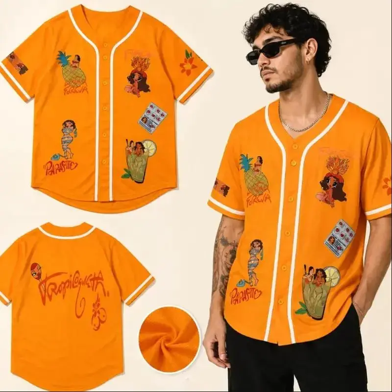Tropicoqueta Orange Baseball Jersey, Men Women Reggaeton Music Fan Shirt, Tropical Graphic Button Down Short Sleeve Summer Streetwear Outfits