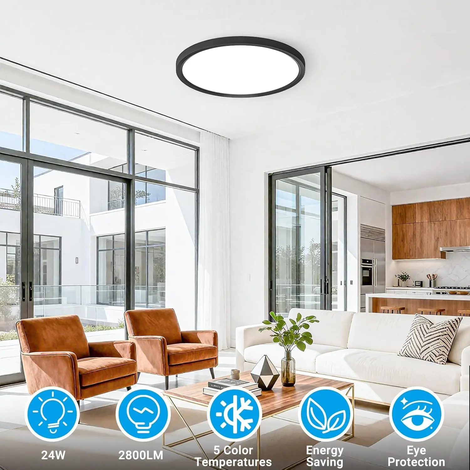 2 PCS 12-Inch Ultra Slim Plastic LED Commercial Flush Mount Recessed Ceiling Lights - 5 Adjustable Color Temperatures, Fully Dimmable, Flicker-Free, Eye-Friendly, Low Profile, AC Power, American Design, Black Accents for Bedroom, Entryway, Recessed Lighti