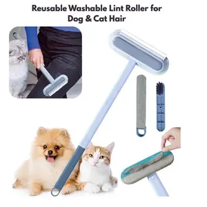 4 in 1 Pet Hair Remover Tool with Adjustable Long Handle, Reusable Washable Lint Roller for Dog & Cat Hair, Carpet Rake Fur Cleaner for Couch, Furniture, Clothes, Bedding & Carpet, Grey 23.3 Inch
