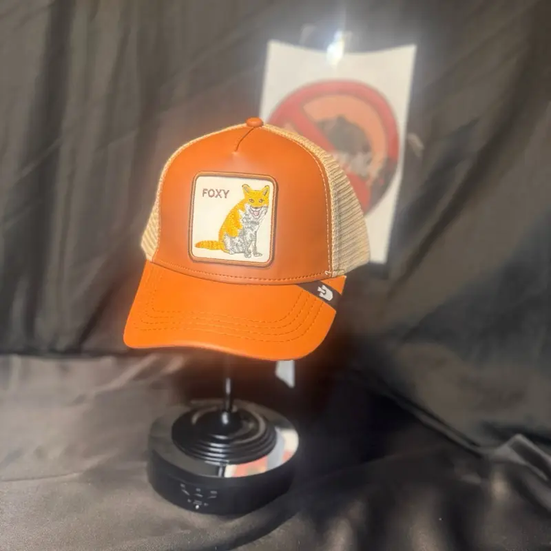 Foxy Embroidered Burnt Orange Trucker Cap with Fox Patch and Mesh Back for Comfort