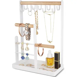 Multifunctional White Jewelry Holder - 4-Tier Tower Display Stand with Earring Tray & 10 Hooks for Necklaces, Bracelets, Rings & Watches Storage Boxes Organiser