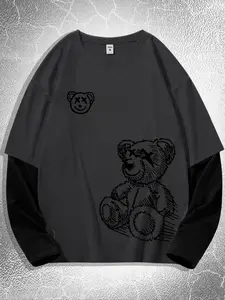 Men's Cartoon Bear Print Long Sleeve Tee, Regular Fit Casual Fashion Soft Comfy Round Neck T-shirt for Daily Wear, Men's Top for All Seasons