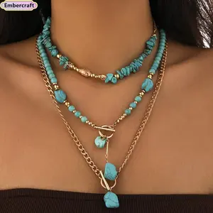 Trendy Boho Turquoise Necklace Stack for Women - Layered Beaded Choker Jewelry, Western Cowgirl Festival Accessories for Vacation Date Night Outfit