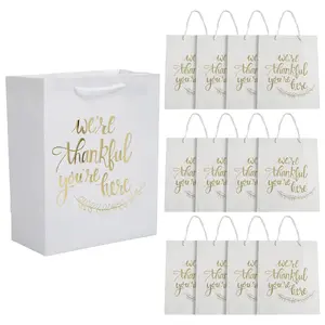 7 1/2" x 9" Thankful You're Here White with Gold Kraft Paper Gift Bags - 12 Pc.
