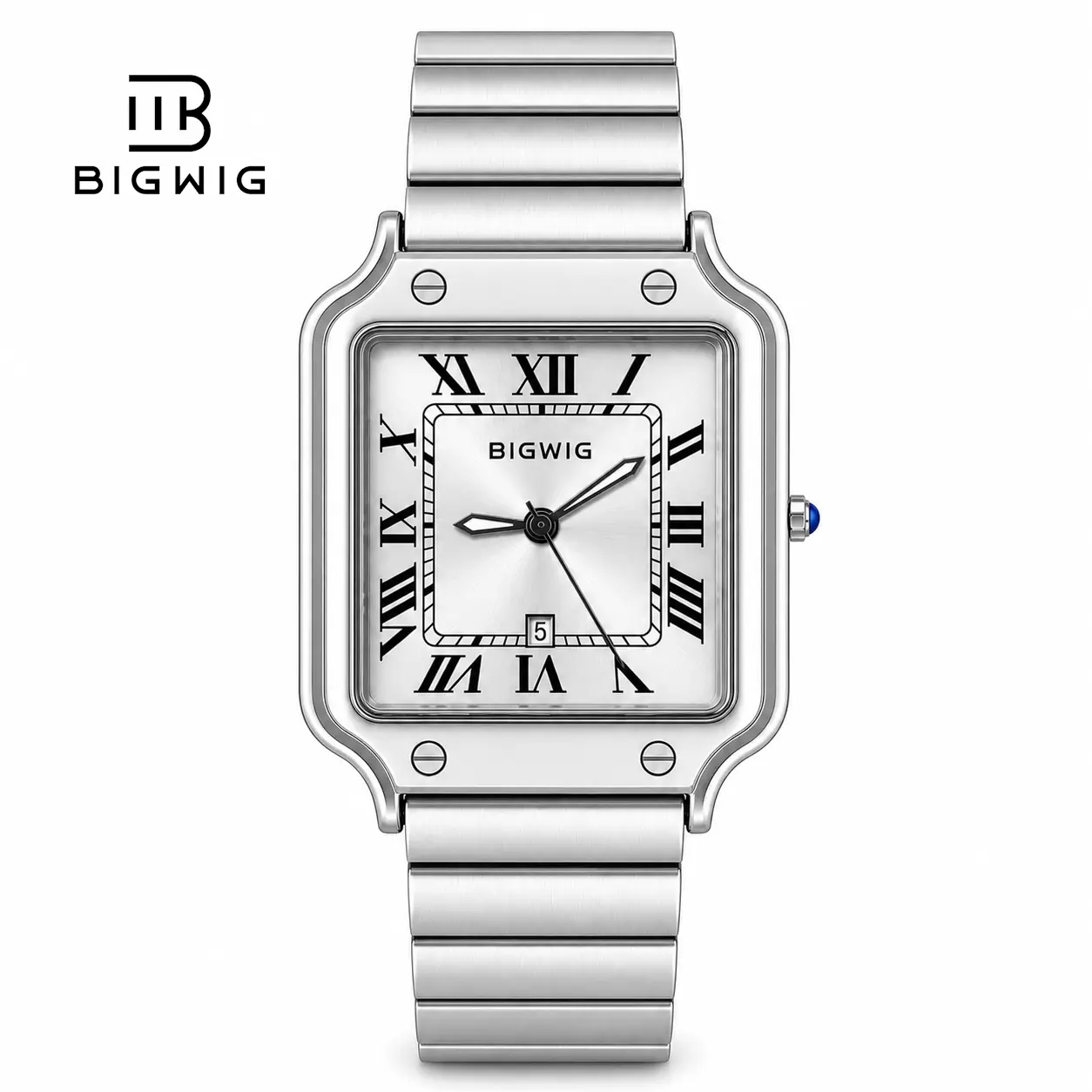 BIGWIG Unisex Classic Square Analog Watch - Stainless Steel Strap, Geometric Design with Roman Numerals and Calendar Display, Wardrobe, Water, Casual Wear, Clasp, Basic, Sunray Dial, Adjustable Fit Band, Hidden Deployment Clasp, 30M - 50M, 46Mm, Alloy, In