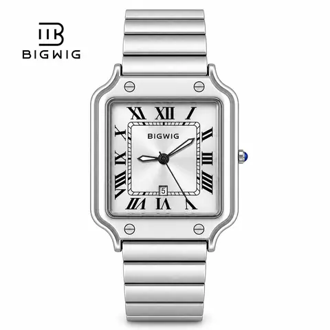 BIGWIG Unisex Industrial-Inspired Durable Retro Square Metal Quartz Wrist Watch - 46mm Alloy Case, Geometric Sunray Dial, Roman Numerals, Calendar, 30M - 50M Water Resistant, Adjustable Stainless Steel Band, Hidden Deployment Clasp, Modern Casual Wear