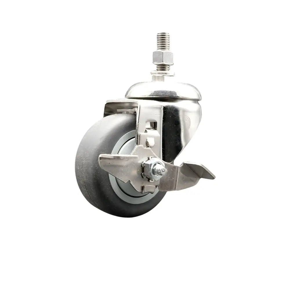 Service Caster SCC-SS316TS20S3514-TPRB-TLB-M1015 Thermoplastic Rubber Swivel Stem Caster with 3.5 in. Gray Caster Wheel & Top Lock Brake - 10 mm Metric Threaded Stem - 316 Stainless Steel Caster