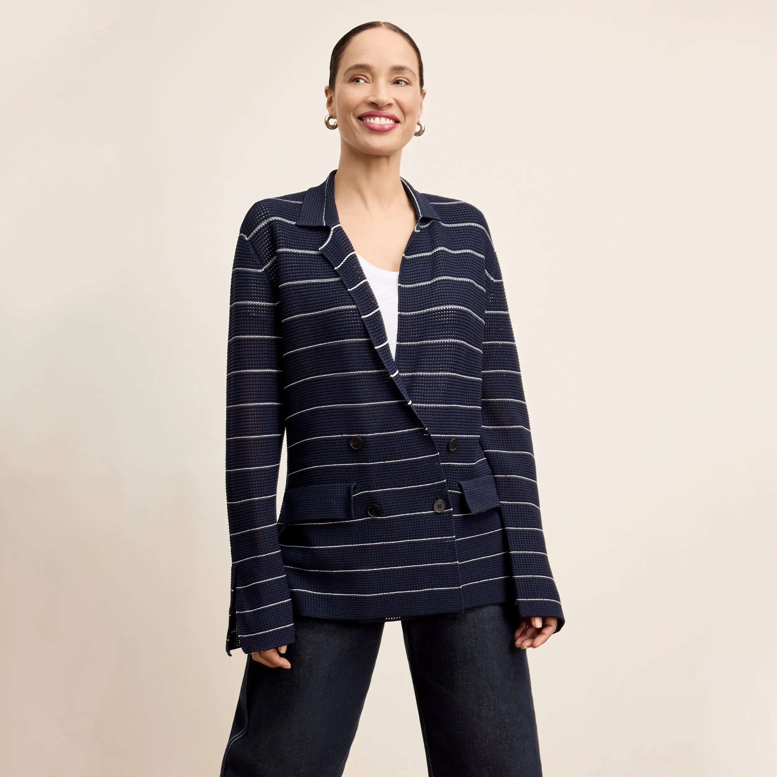 Cody Boyfriend Jardigan - Dot Jardigan Knit :: Dark Navy/Ivory