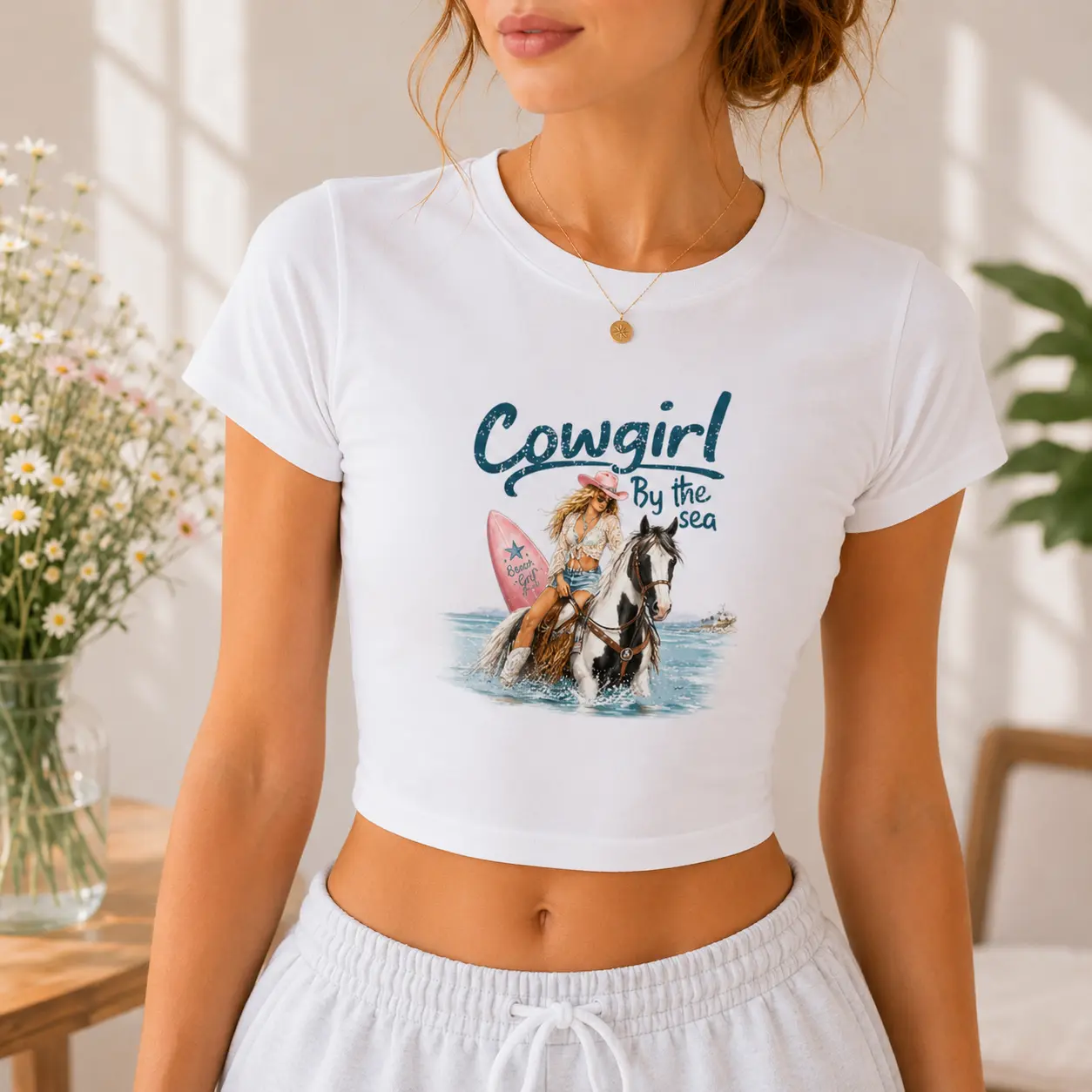 Cowgirl By The Sea Baby Tee for Women, Coastal Cowgirl Graphic Crop Top, Beach Cowgirl Western Shirt, Surf Cowgirl Y2K Summer Tee
