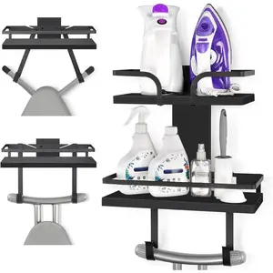 Wall-mounted ironing board rack, double-layer ironing board and iron holder, solid wood laundry room shelf with detachable hooks, for home organization and storage