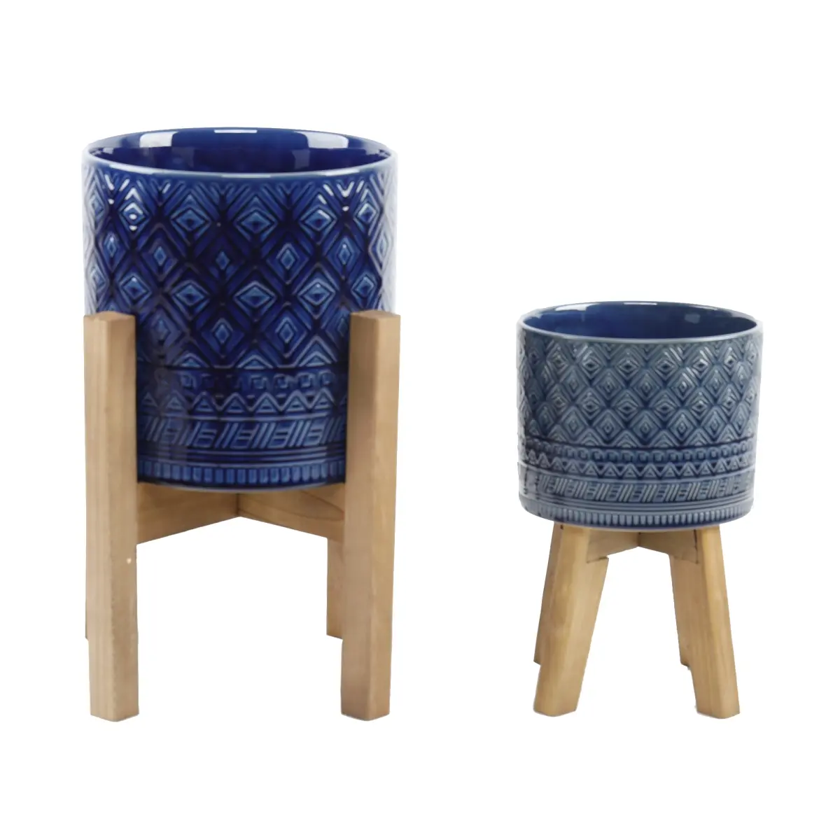 Flora Bunda CT1536E2-NAVY Glazed Illuminati Ceramic Planter Set of 2 with Wood Stands, 10' & 8' Sizes, 10'x10'x22.5' Dimensions, 18.3 lb Weight for Plant Decor & Container Gardening