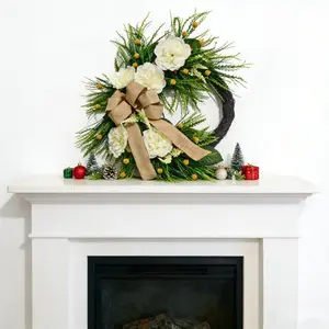 Country Farmhouse Style Wreath, Peony Flowers with Ferns and Daisies, All-Season Decor for Porch and Entrance