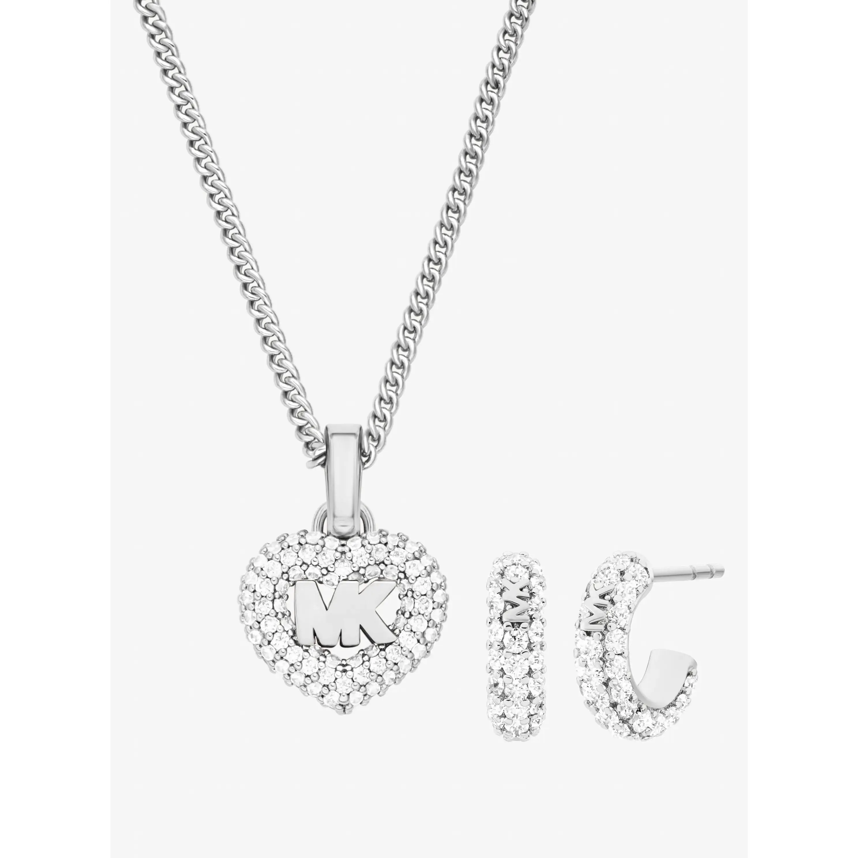 Pavé Heart and Logo Necklace and Hoop Earrings Jewelry Gift Set