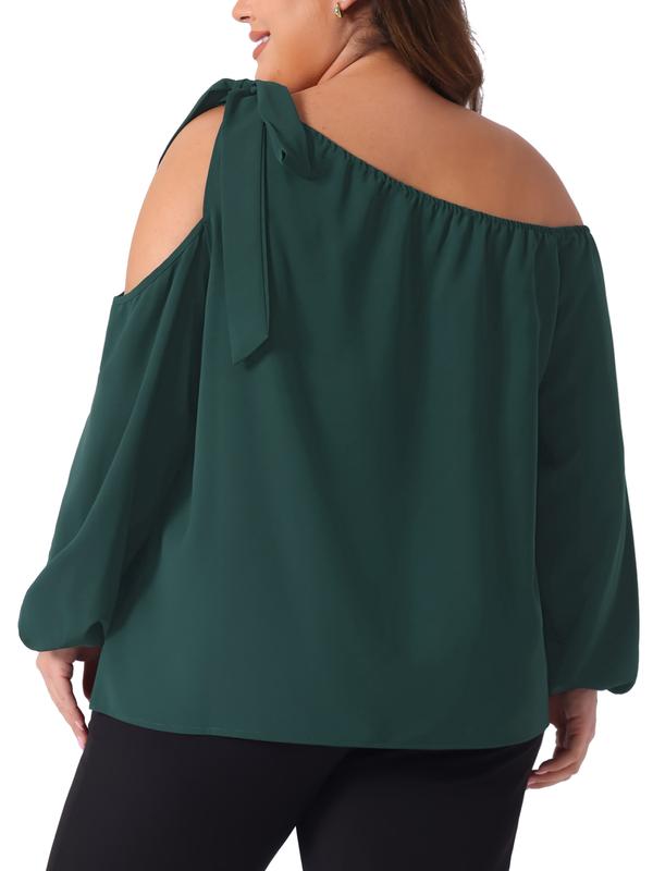 Agnes Orinda Plus Size Tops For Women Cold Shoulder Tie Long Sleeve Blouses Casual T-Shirt Tee Tops Dark Green