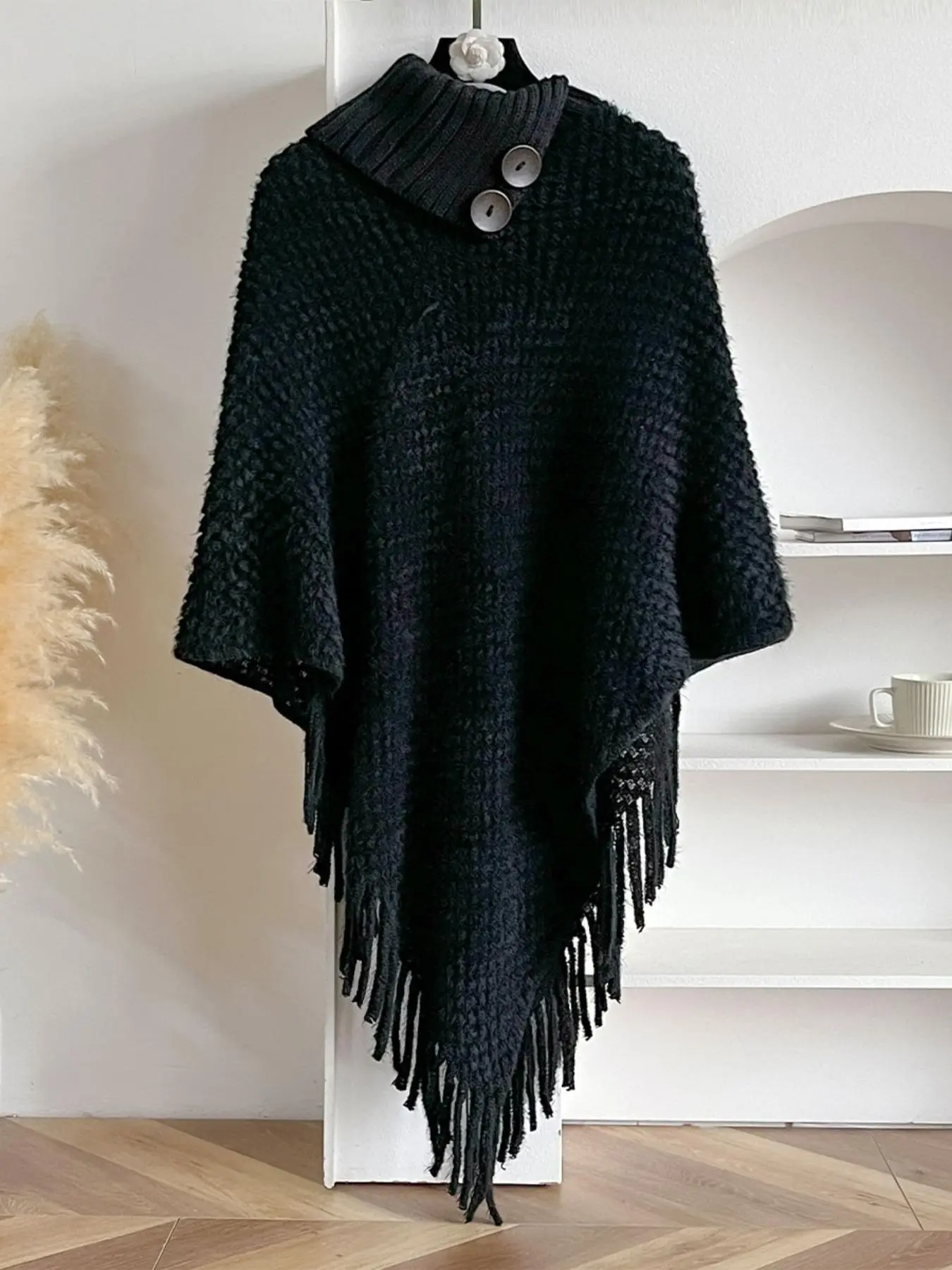 Women's Solid Color Fringe Trim Knit Shawl, Casual Poncho Cape for Daily Wear, Fashion Accessories for Women & Girls, Boho Style Shawl