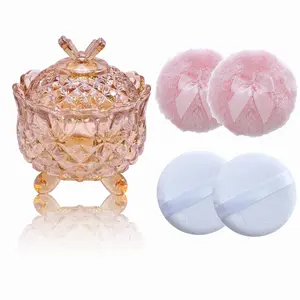 5 Pieces Large Body Powder Puff and Powder Container, Crystal Case for Dust Puff, Powder applicator with Box for Face and Body (Amber, Butterfly)