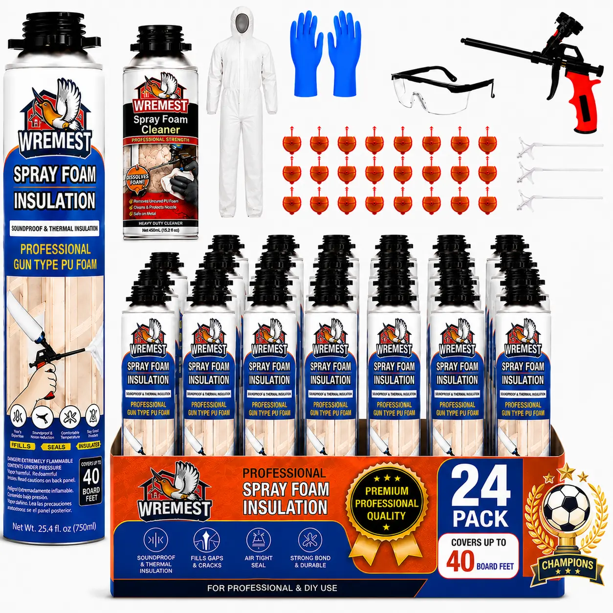 Wremest FullStop Spray Foam Insulation Kit - 40 Sq.Ft High-Density Closed Cell Polyurethane, Single-Component Expanding Sealant (Rapid Curing, Thermally Adhesive) for DIY Energy Savings on Walls, Attics, Expanding Foam Sealant Spray Single-Component, Rapi