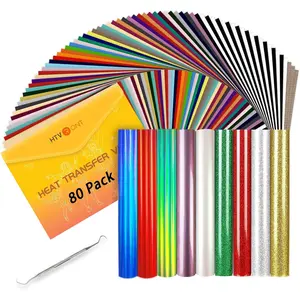 HT Heat Transfer Vinyl Bundle 80 Pack 12" x 10" Iron on Vinyl for T-Shirt 39 Assorted Colors with Tweezers Accessories for Silhouette Cameo or Heat Press Machine