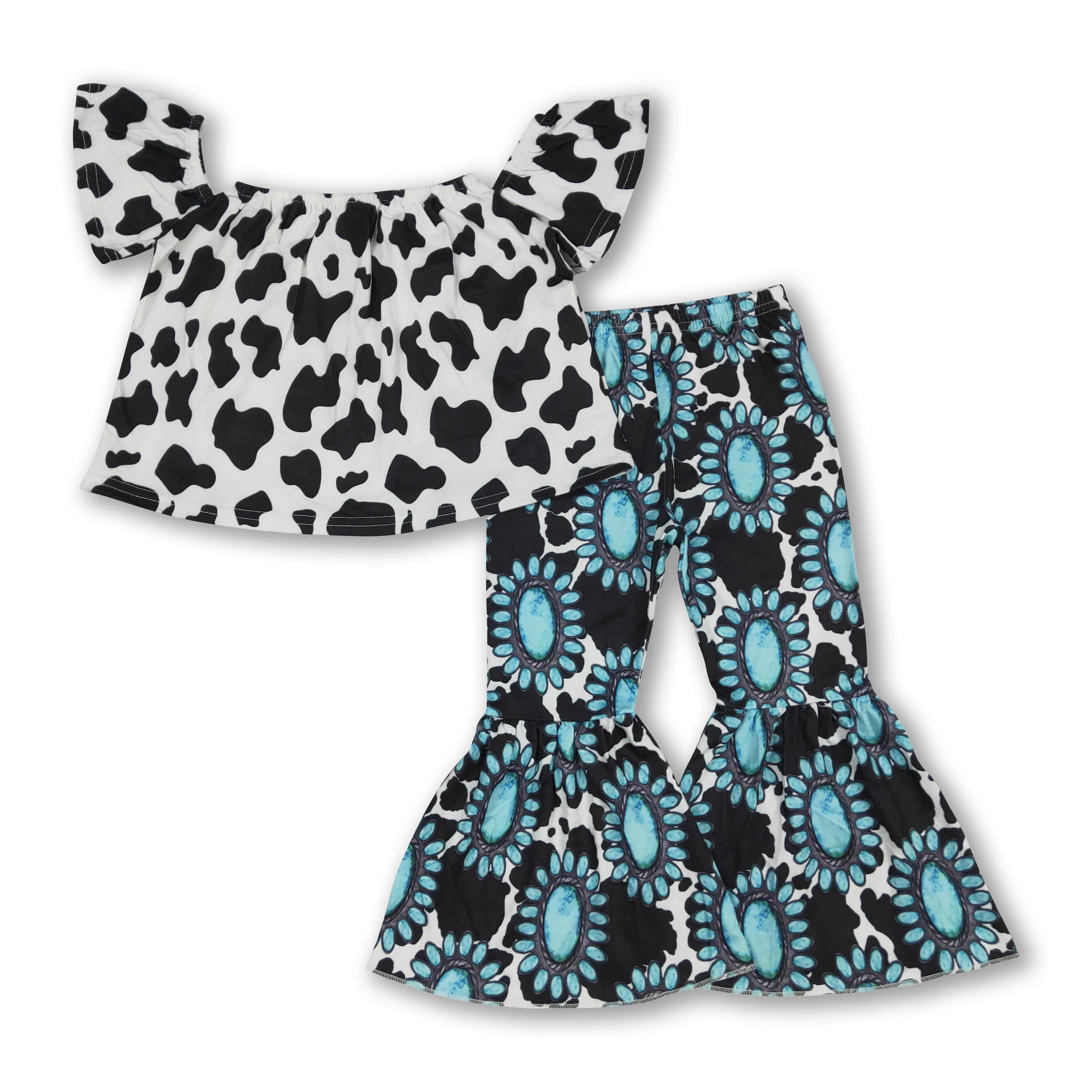 2-Piece Casual Clothing Set for Baby Girls, Soft Western Cow Print Outfit with Long Sleeve Top and Turquoise Flared Pants, Baby Clothing