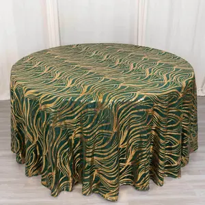 Mesh Round Tablecloth 120" Hunter Emerald Green Gold - Wave Embroidered Sequin Table Cover