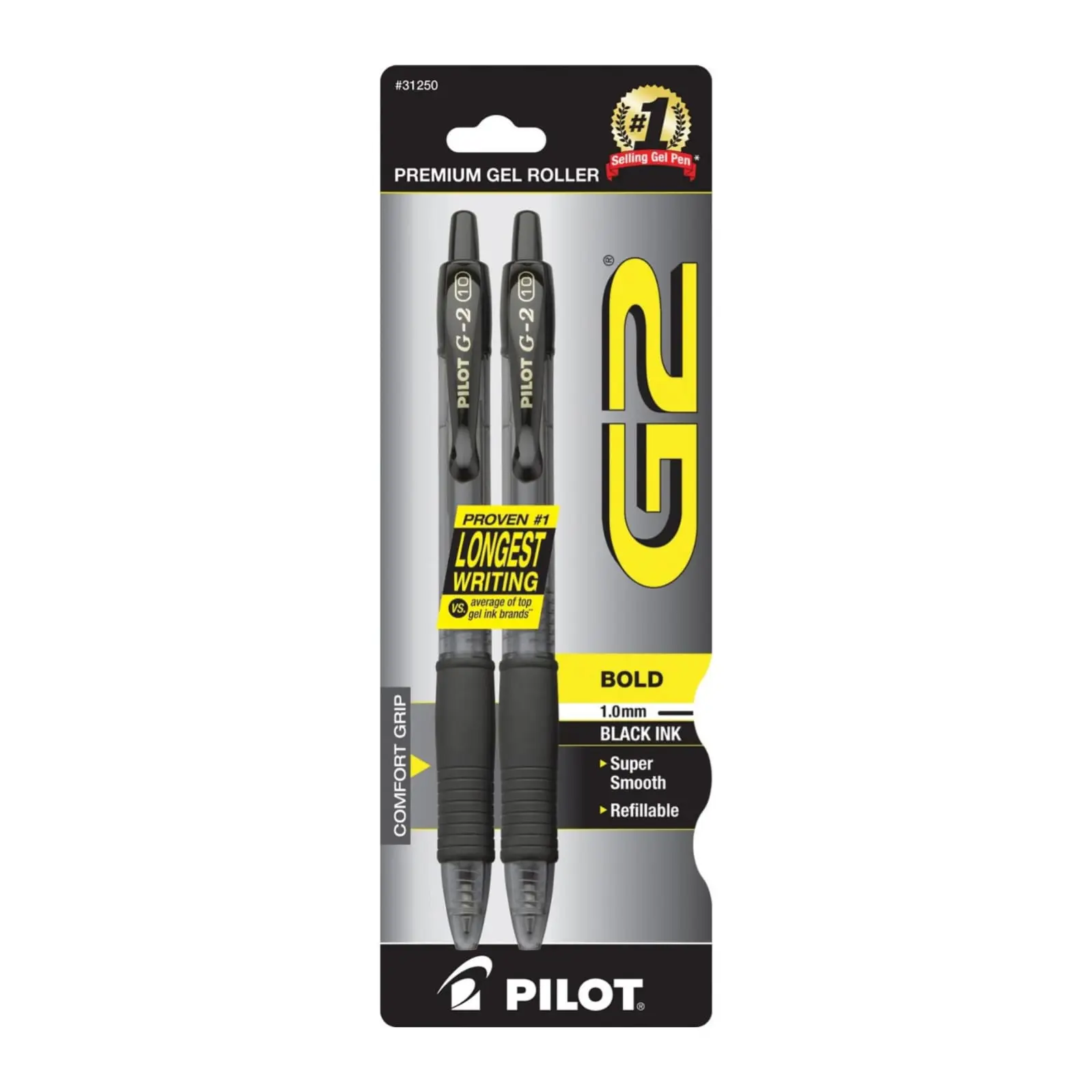 Pilot G2 Premium Gel Pens, Refillable Retractable Black Gel Pens, 2 Pack Bold 1.0mm Smooth Writing Rolling Ball Pens for Office, School, Journaling, Note Taking & Professional Use