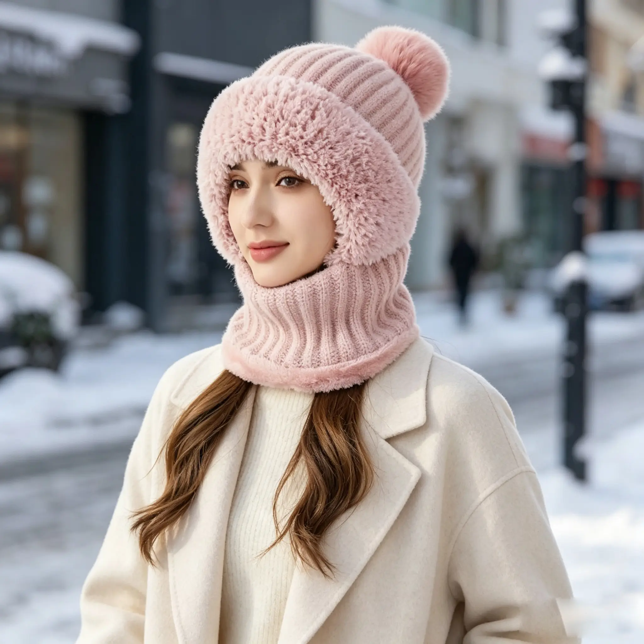 Women's Solid Color Thick Yarn Animal Beanie - Pom Pom Decor, Bunny Head Hat, Cute Furry Keep Warm Fall Winter Fashion Accessory, Animal Hats, Bunny Head Hats