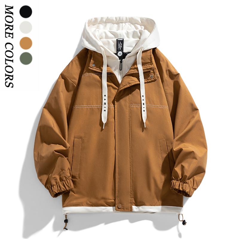 Men's multi-color spliced fake two-piece pocket long-sleeved lace-up hooded jacket, suitable for commuting, outdoor activities, and sports wear. It is a must-have thick jacket in autumn and winter.