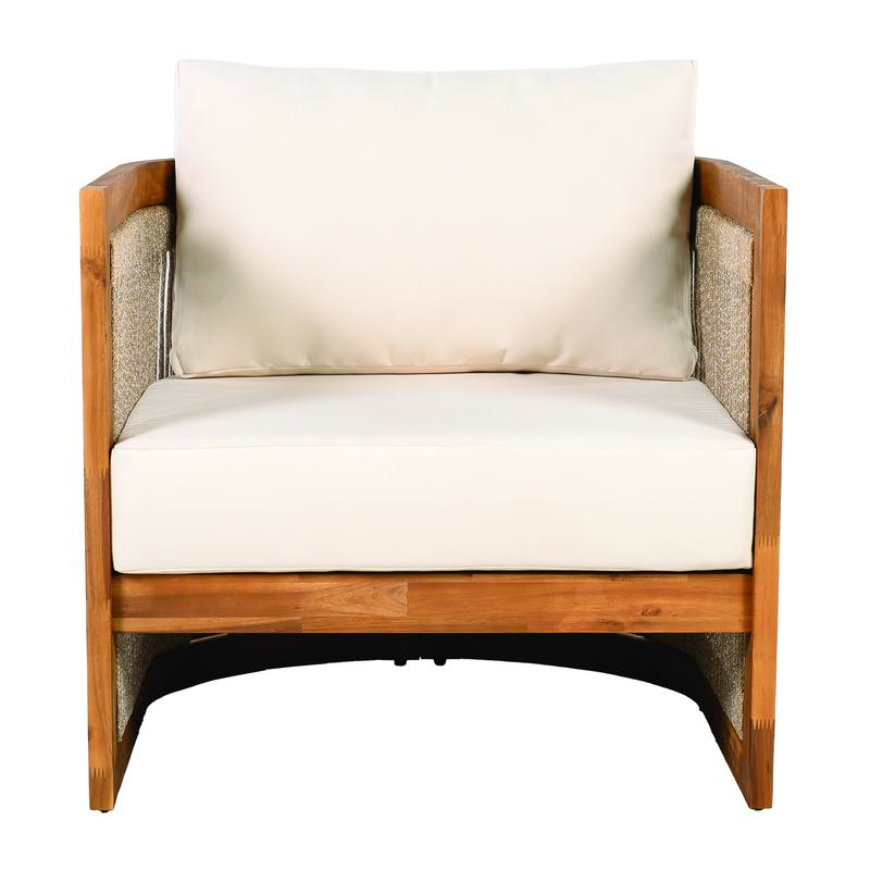 Premium Acacia Wood Outdoor Club Chair Curved Tub Design with Woven Rope Accents Water Resistant Cushions All Weather Slat Construction