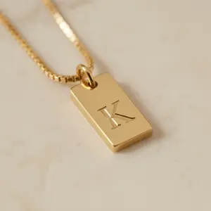 Initial Tag Necklace | Gold Engraved Letter Necklace | Dainty Initial Bar Necklace | Personalized Minimalist Jewelry Gift