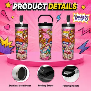 30Oz Stainless Steel Tumbler 1 Count Rugrats Pattern Folding Straw Folding Handle Insulated Water Bottle Stainless Steel Thermos Stainless Steel Flask Drinking Cup For Home Office School Boyfriend Gift Summer Travel Cool Drinkware