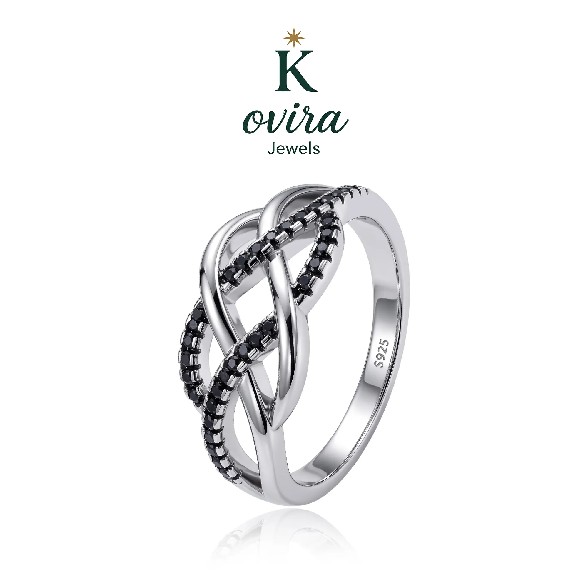 S925 Sterling Silver Jewelry Ring for Women, Minimalist Trendy Infinity Twist Band with Black Artificial Zircon, Stackable Wedding Promise Rings, Artificial Zircon Rings