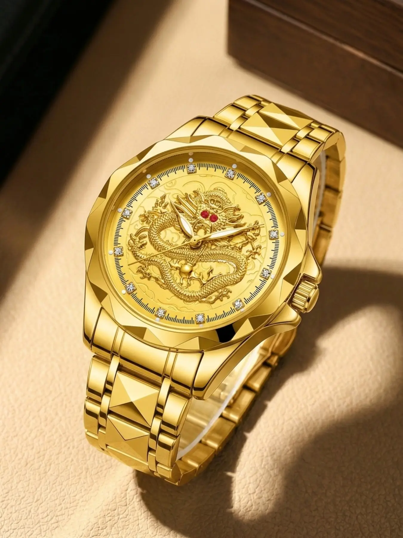 Men's Business Rhinestone Decorated Dragon Totem Watch with Box, Business Fashion Watches, Fashion Watch for Party, Daily Clothing Decor, Minimalist Aesthetic Watch Gift