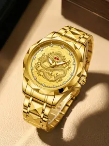 Men's Business Rhinestone Decorated Dragon Totem Watch with Box, Business Fashion Watches, Fashion Watch for Party, Daily Clothing Decor, Minimalist Aesthetic Watch Gift