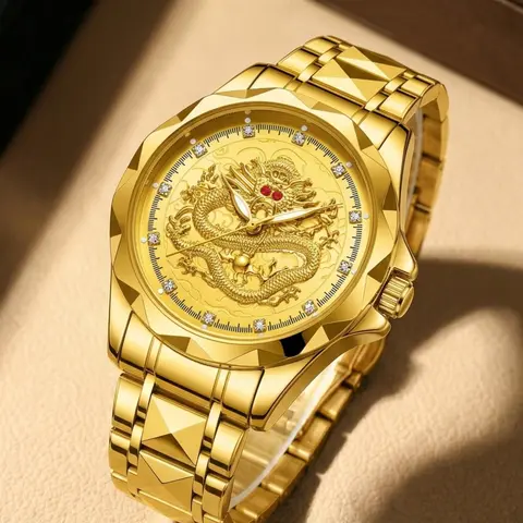 Men's Business Rhinestone Decorated Dragon Totem Watch with Box, Business Fashion Watches, Fashion Watch for Party, Daily Clothing Decor, Minimalist Aesthetic Watch Gift
