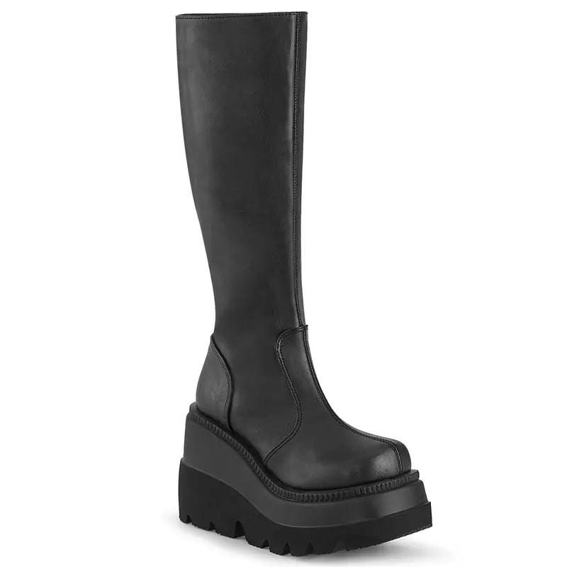 Demonia Shaker-100 Black Vegan Leather Knee-High Boots