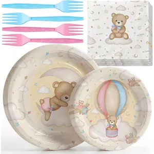Teddy Bear Gender Reveal Plates and Napkins Set – He or She, What Will It Be – Serves 20, Paper Plates, Napkins – Bear Baby Shower Party Supplies Decorations Tableware for Birthday