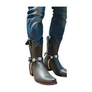 Men Biker Boot Bracelets Black Pair Straps Silver Metal Chains Shoe Texas Star TX Charm Motorcycle Accessory
