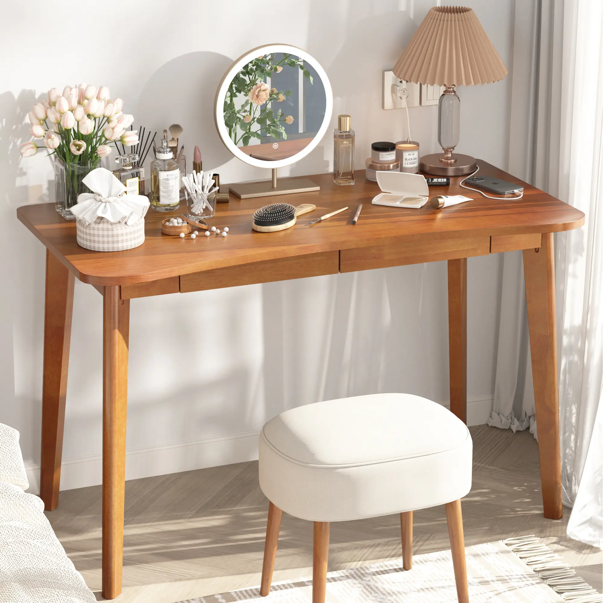 CocoHouse 100% Solid Wood Desk with Drawers - 48 x 24 Inch Home Office Computer Desks, Modern Writing Desk with Drawers, Simple Study Table Makeup Vanity - Walnut Vintage Desks