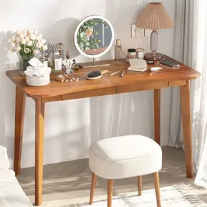 CocoHouse 100% Solid Wood Desk with Drawers - 48 x 24 Inch Home Office Computer Desks, Modern Writing Desk with Drawers, Simple Study Table Makeup Vanity - Walnut Vintage Desks