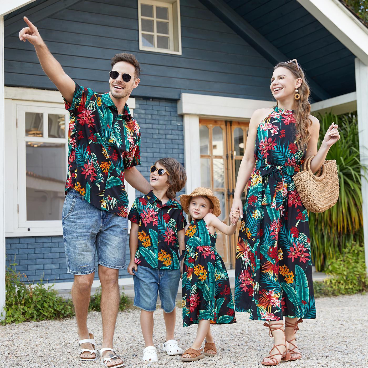 PatPat Family Matching Allover Plant Floral Print Halterneck Dresses and Short-sleeve Shirts Sets
