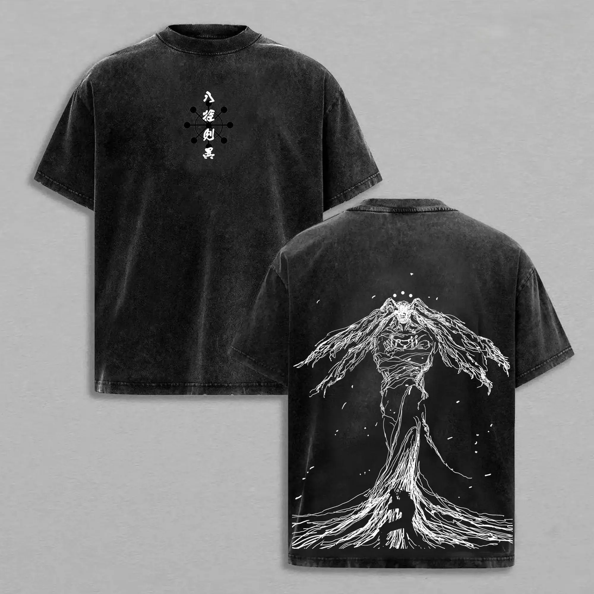 Jujutsu Kaisen JJK Mahoraga Oversized Graphic Tee Vintage Acid Wash Anime T Shirt Y2K Streetwear Gym Pump Cover Divine General Retro Manga Merch Tiktok Finds Trendy Dark Aesthetic Workout Fit Casual Mens Heavy Cotton Japanese Grunge