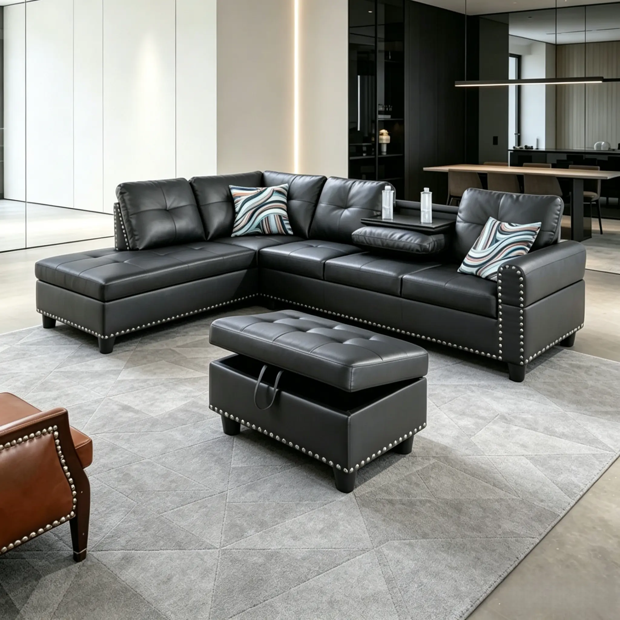 Leather L-Shaped Sectional Sofa Seater with Nail-Head Trim, Comfy Chaise Lounge, Cup Holder, Reversible Coffee Table, Solid Wood Frame - Dual-Function Divideable Apartment Living Room Furniture Set