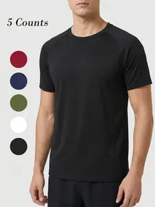 5-piece Men's Plain Raglan Sleeve Sports Tee, Quick Drying Breathable Round Neck T-shirt, Casual Tops for Workout Running, Men's Sportswear for Summer, Athletic Sports Clothing
