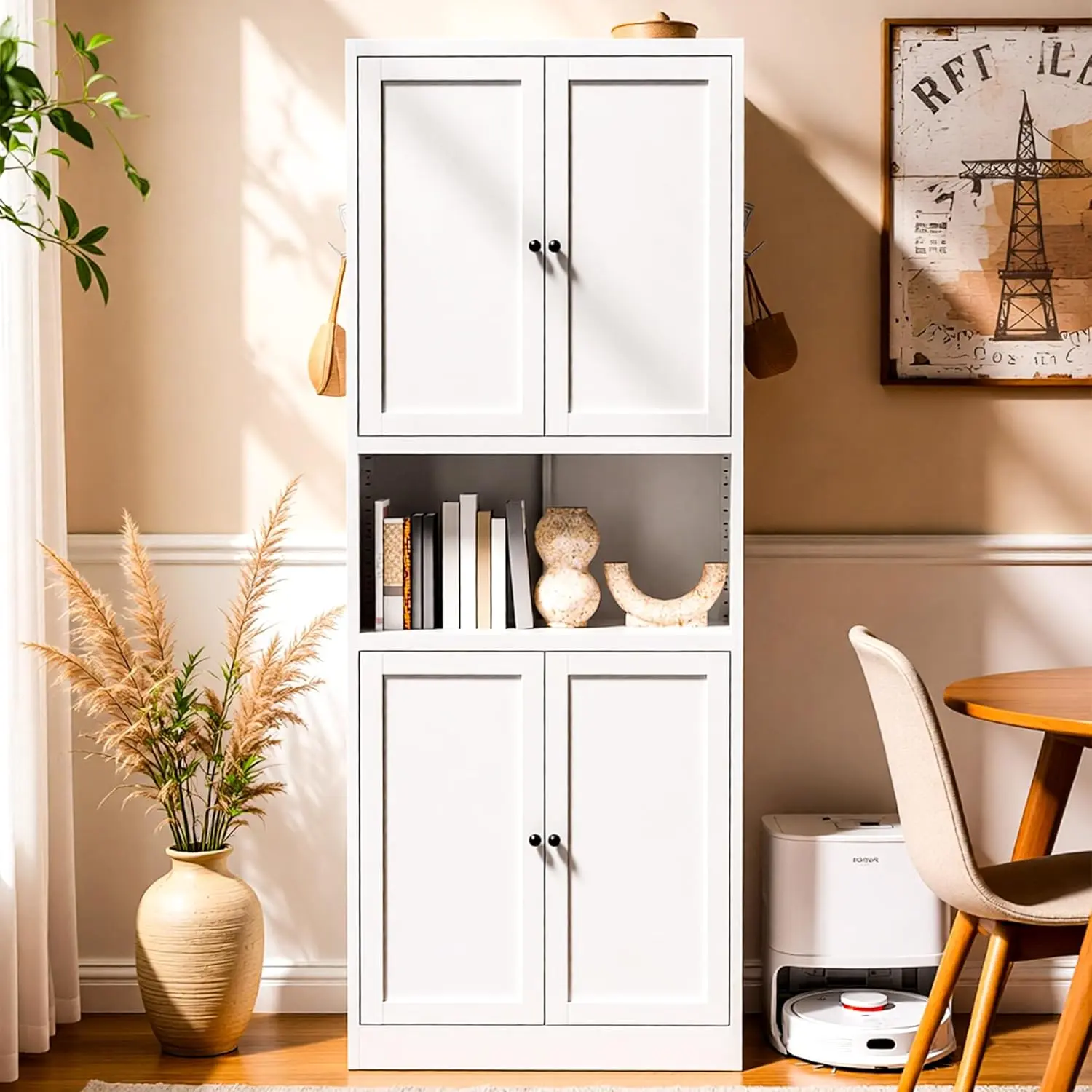 Contemporary 72" Sturdy Steel Freestanding Storage Cabinet - 14.78"d x 28.56"w x 72"h Kitchen Floor Hutch, 4 Doors, 3-Tier Adjustable Shelves, Microwave Stand, Indoor Storage Furniture (Assembly Required)