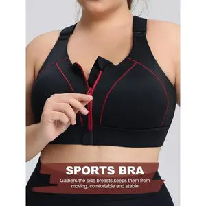 Women's Plus Size Sports Bra with Front Zipper Closure, High Impact Yoga Running Shockproof Fitness Bra, Adjustable Straps