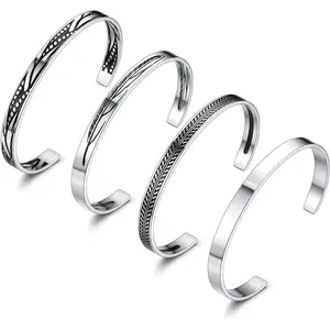 FINREZIO 4Pcs Stainless Steel Bracelet Men's Cuff Bracelets Silver Cuff Bracelet Leaves Pattern Twisted Open Cuff Bracelet for Men Daily