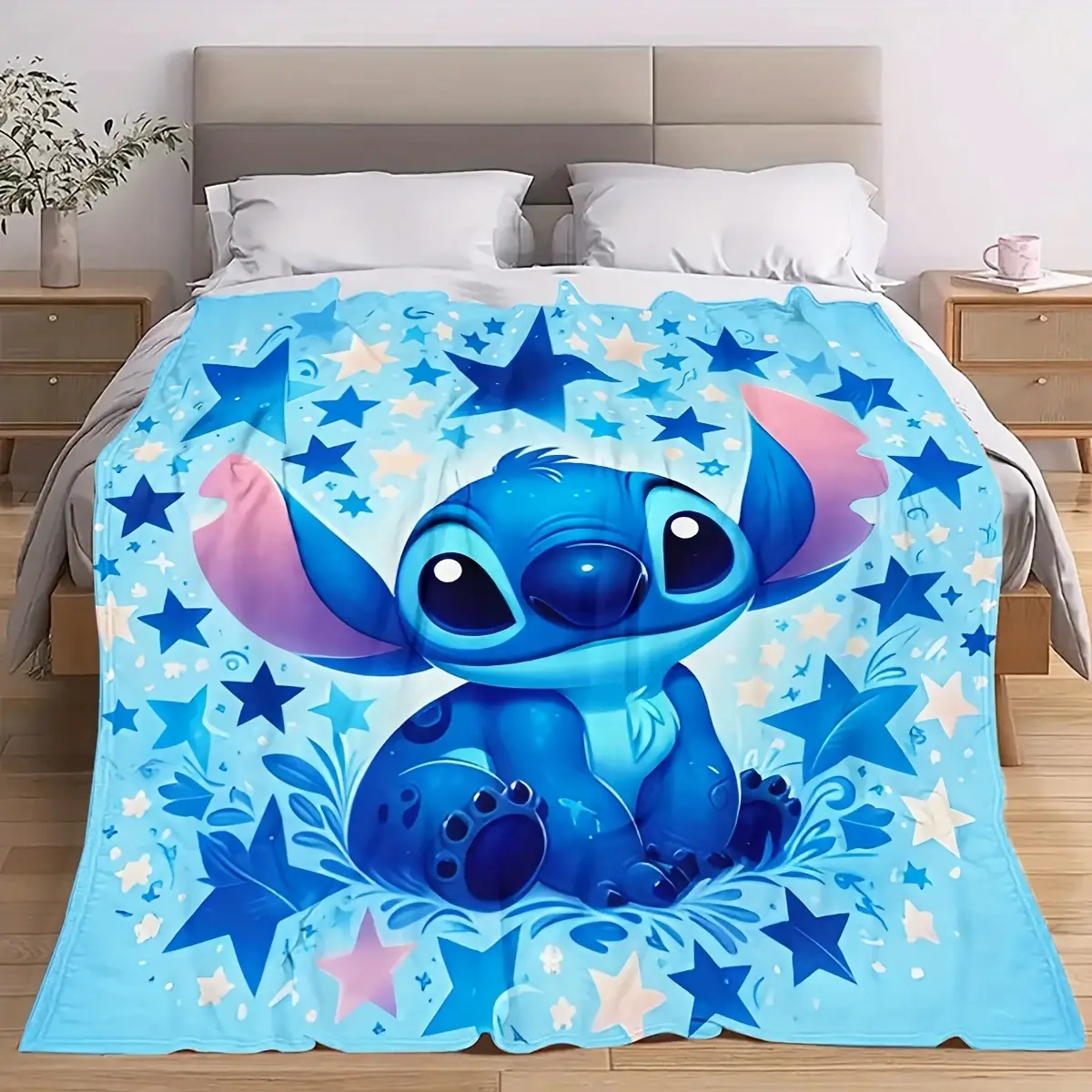 [SummerVibes] DISNEY CLASSIC Stitch Starry Flannel Blanket - Soft, Warm, and Cozy All-Season Throw for Bed, Sofa, Office, Camping, Travel, and Home Decor, Home Decor Gift