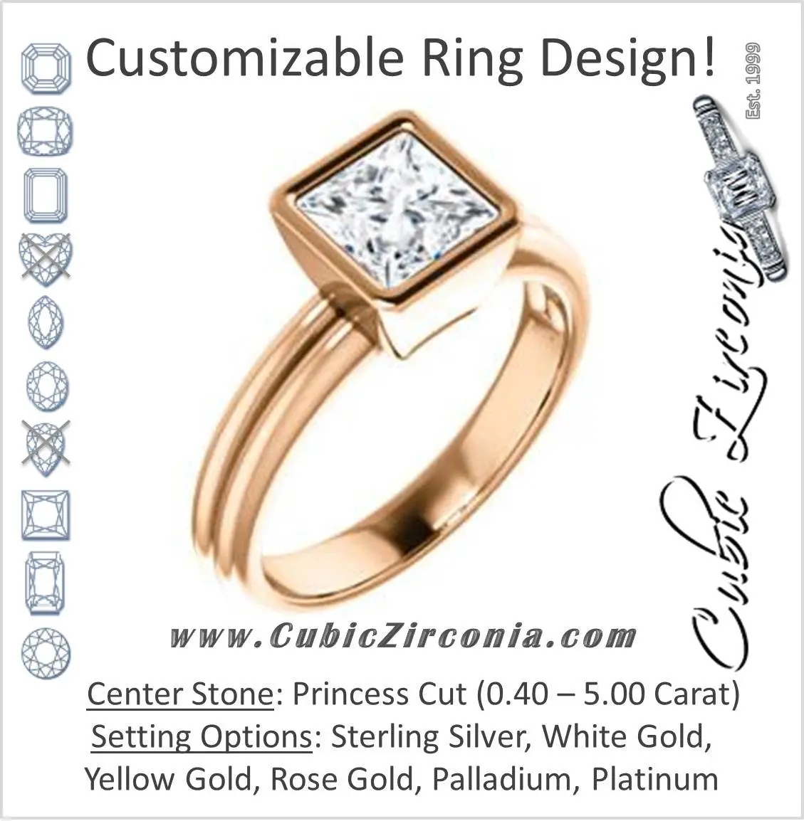 Cubic Zirconia Engagement Ring- The Stacie (Customizable Bezel-set Princess Cut Solitaire with Grooved Band)