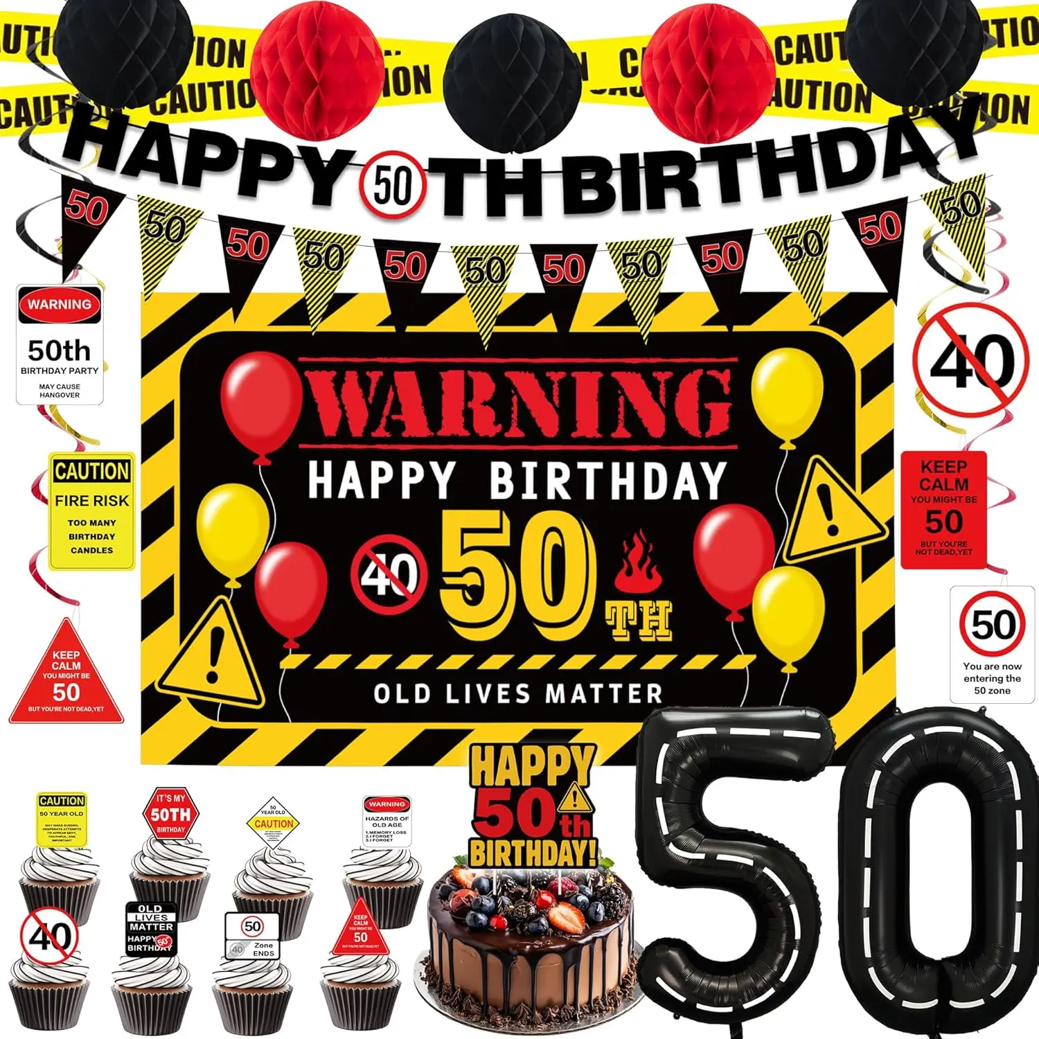 50th Birthday Party Decorations Set Men Women, Caution Logo Themed Happy 50th Birthday Banner Balloons Cake Topper Hanging Swirls Kit, Funny Warning 50 Years Old Party Photo Backdrop Background